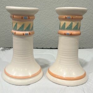 2 Vintage Treasure Craft Pottery Taos Cream  Pastel Colored Candlestick  Holders